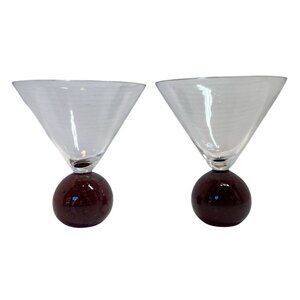 Handcrafted Clear Glass Martini Glasses With Bubble-Infused Red Orb Base - Set O